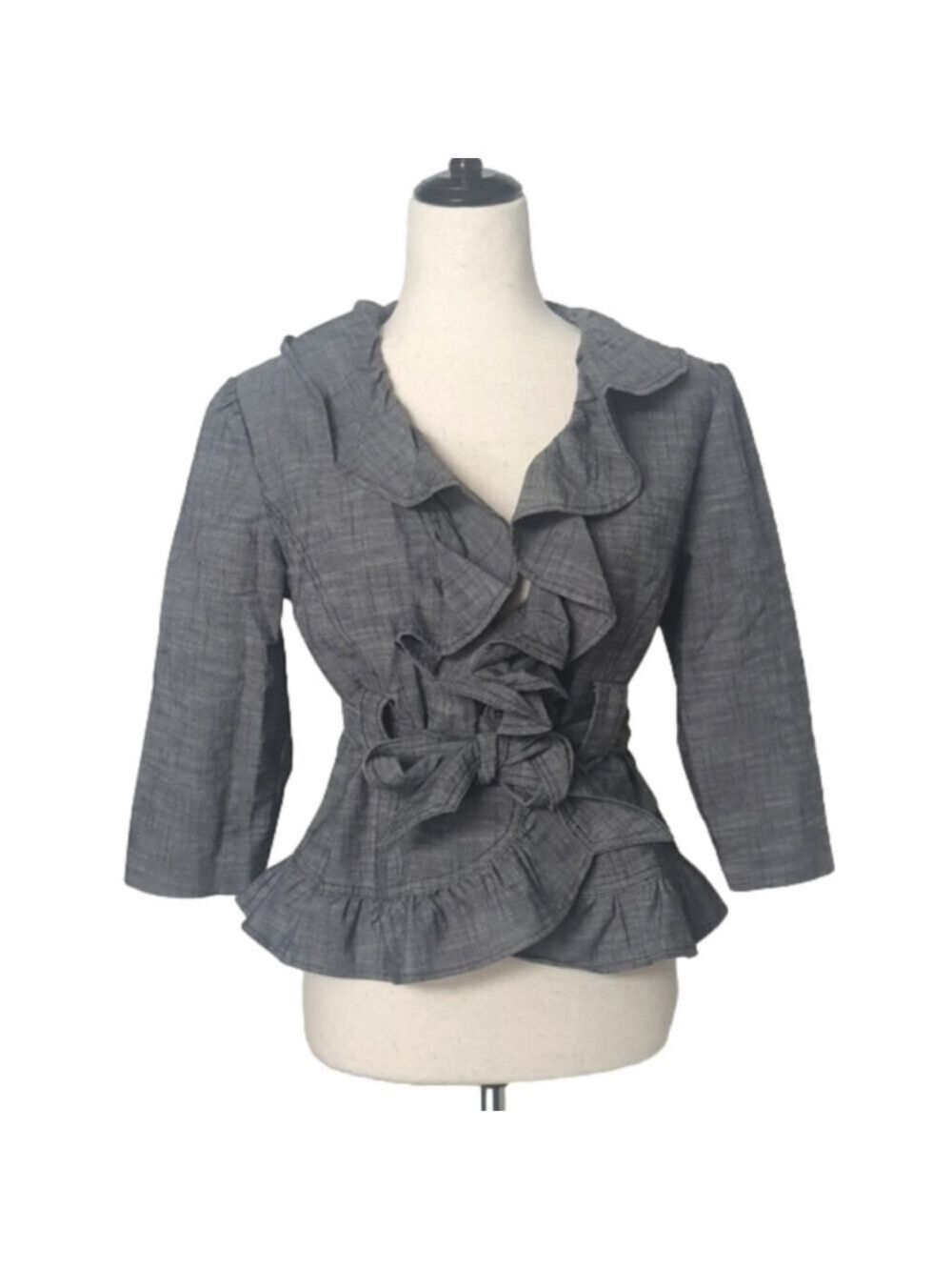 Summer Ruffle Blazer Lightweight 3/4 Sleeve Cotton Blend Wrinkle Resistant Grey
